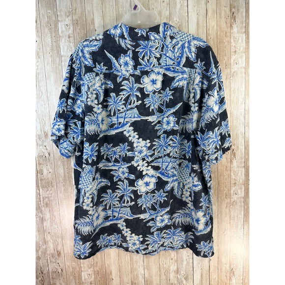 Batik Bay Hawaiian Button Up Shirt Mens XL‎ Black Blue Palm Trees Silk Blend - Picture 1 of 6
